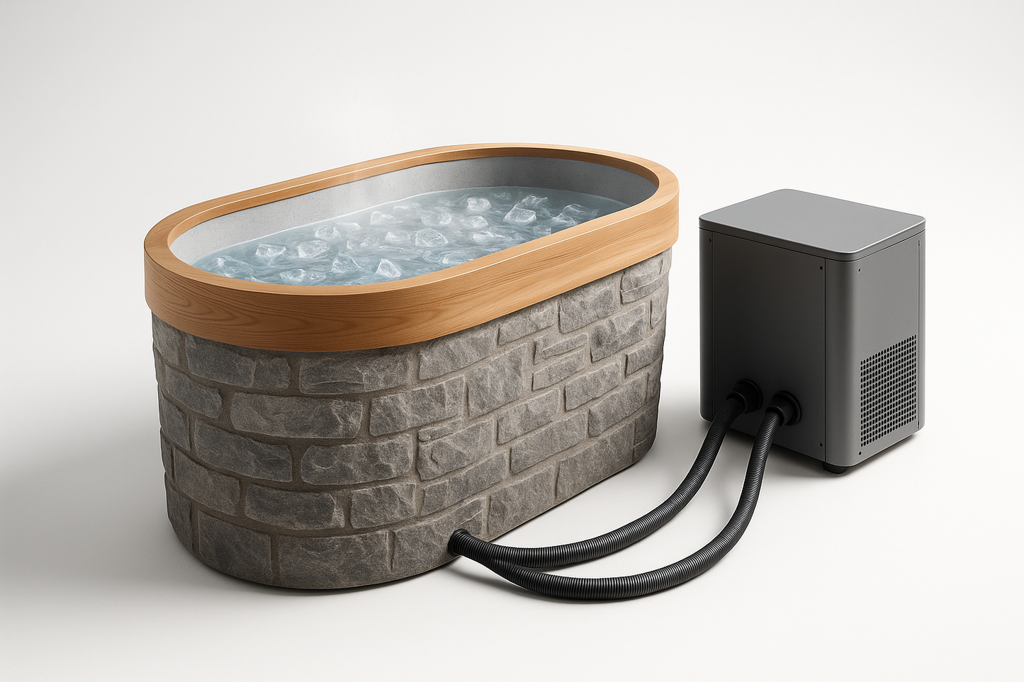 High-quality studio product photo of a hybrid cold plunge tub with lower half wrapped in stacked stone texture and upper rim in smooth cedar wood. Oval shape, light gray interior liner. Water clean and clear with floating ice cubes, gentle ripples, faint cool vapor. Include an unbranded matte gray chiller unit connected with two tidy hoses. Pure white background, evenly lit, realistic shadow, no text or logos, 2048×2048 resolution.