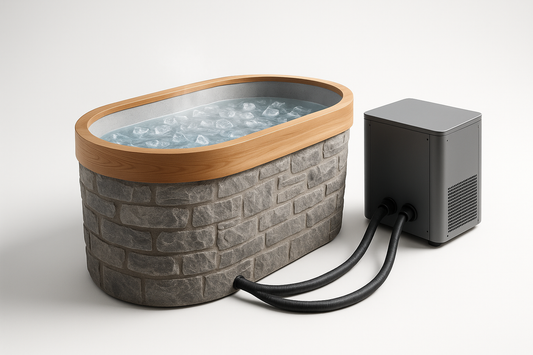 High-quality studio product photo of a hybrid cold plunge tub with lower half wrapped in stacked stone texture and upper rim in smooth cedar wood. Oval shape, light gray interior liner. Water clean and clear with floating ice cubes, gentle ripples, faint cool vapor. Include an unbranded matte gray chiller unit connected with two tidy hoses. Pure white background, evenly lit, realistic shadow, no text or logos, 2048×2048 resolution.