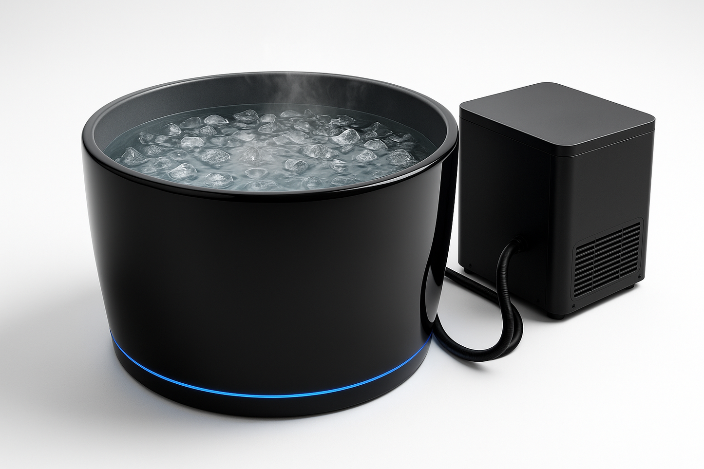Photorealistic product image of a glossy black acrylic round cold plunge tub with a subtle blue LED accent strip around the base. Interior smooth light gray. Water crystal clear with floating ice cubes and faint vapor. Include a matte black unbranded chiller unit beside the tub with minimal tubing. Studio shot on pure white background, soft even lighting, natural drop shadow. 2048×2048 resolution, no people, no logos, no text.