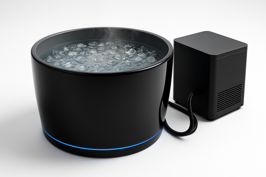 Photorealistic product image of a glossy black acrylic round cold plunge tub with a subtle blue LED accent strip around the base. Interior smooth light gray. Water crystal clear with floating ice cubes and faint vapor. Include a matte black unbranded chiller unit beside the tub with minimal tubing. Studio shot on pure white background, soft even lighting, natural drop shadow. 2048×2048 resolution, no people, no logos, no text.